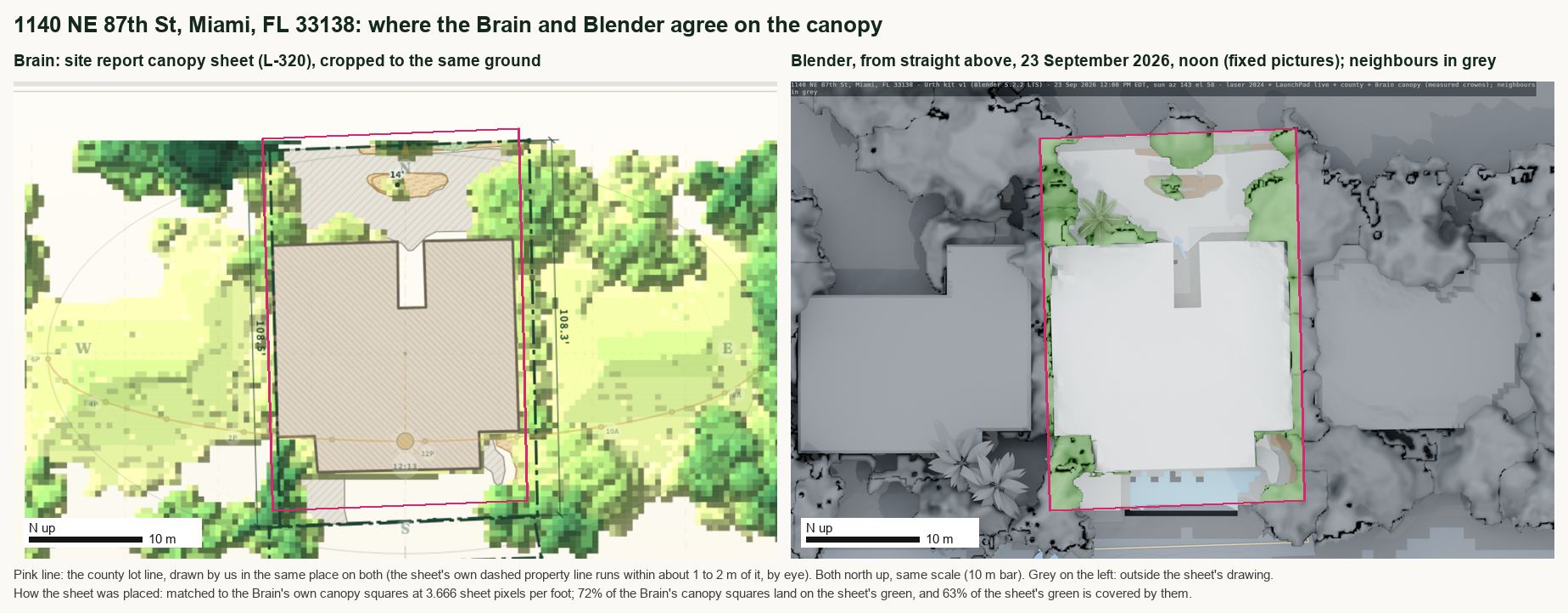 The Brain's canopy sheet beside the Blender plan from straight above at noon for 1140 NE 87th St, on the same ground and scale, with the county lot line in pink on both