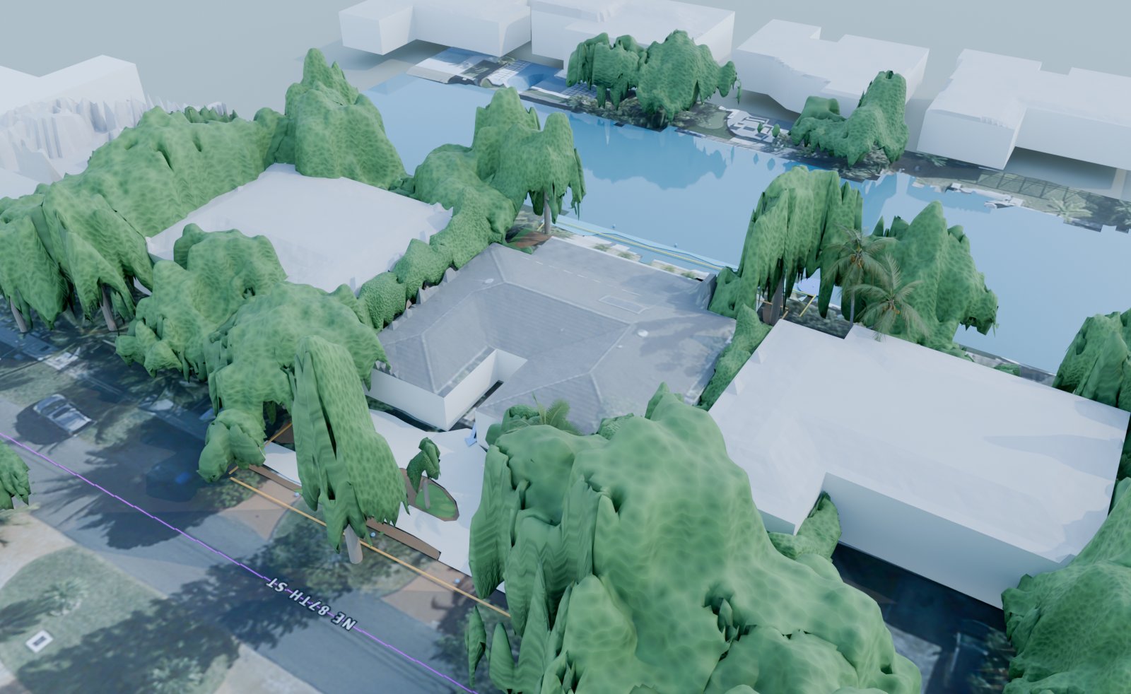 Blender render of a test property with the tree canopy drawn from the shapes the Brain measured