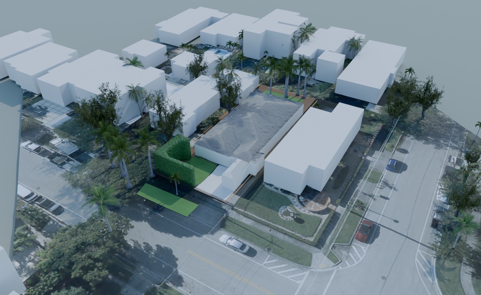 Blender render of a test property: the house, lawn, a tall hedge, palms and trees, with neighbouring houses as white blocks and the afternoon shadows