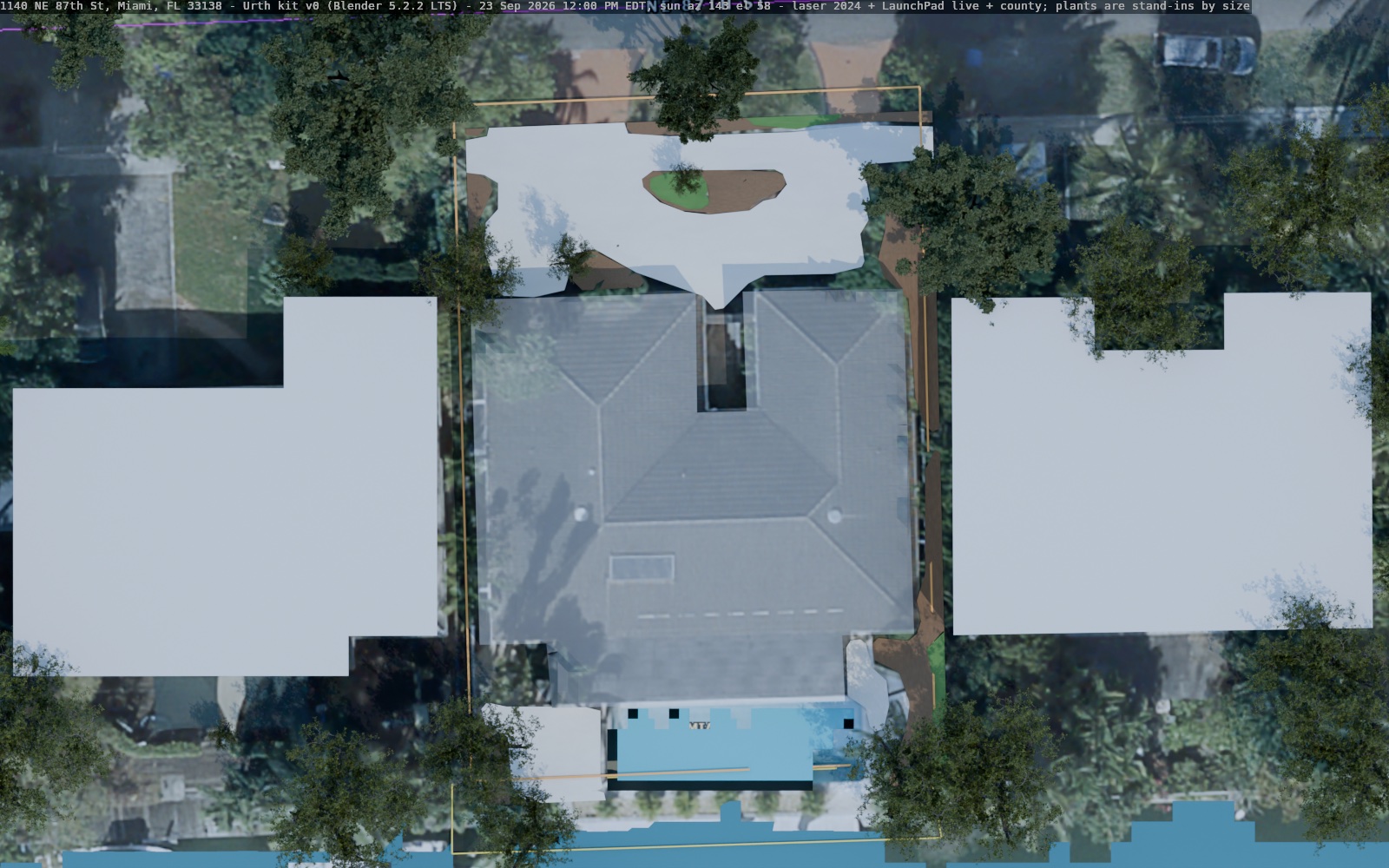 Blender: shadows at noon, 23 September (north up)