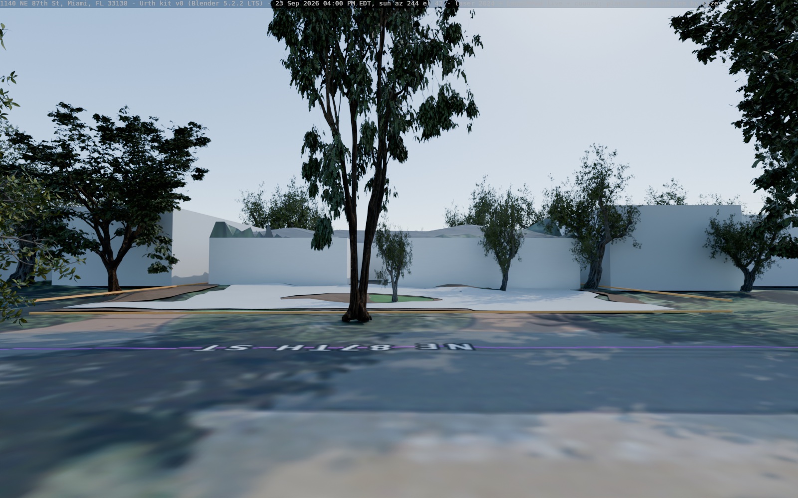 Blender: street view, standing across the street, eye height 1.7 m
