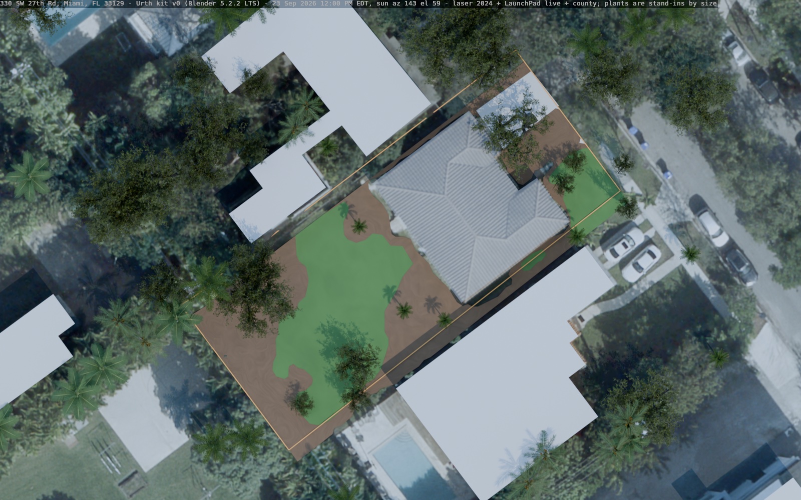 Blender: shadows at noon, 23 September (north up)