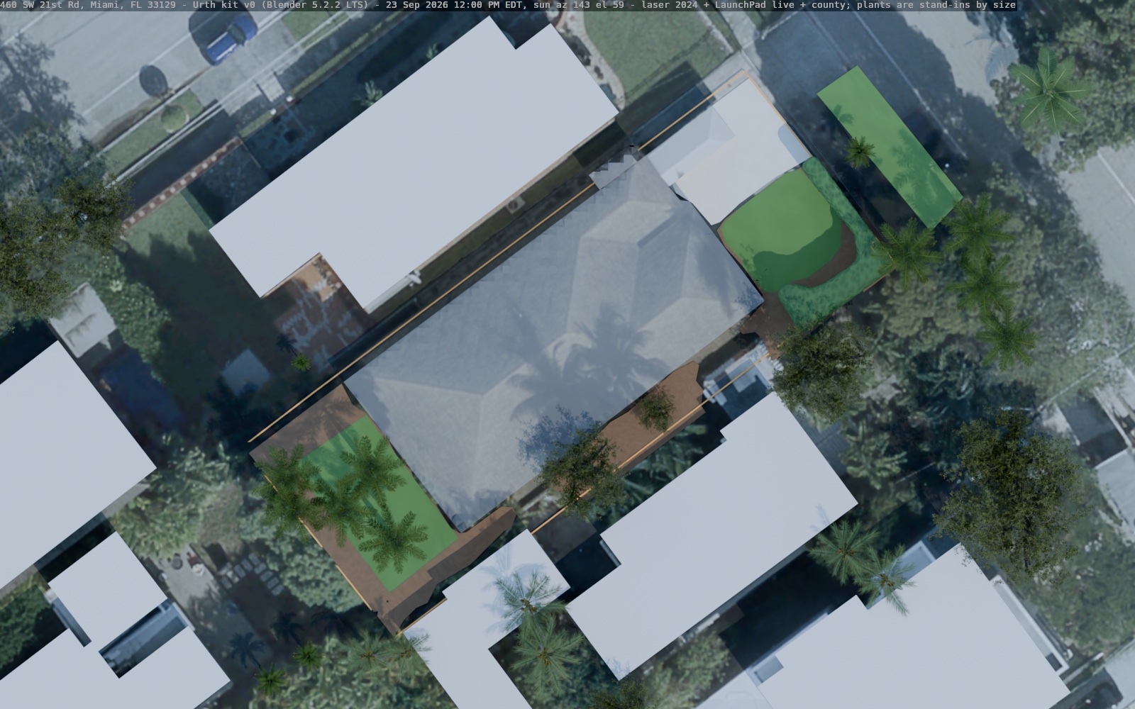 Blender: shadows at noon, 23 September (north up)